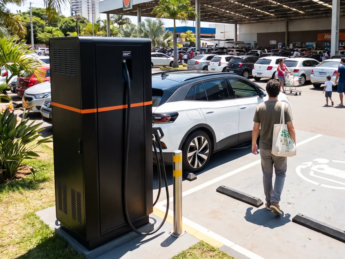 Estacionamento de supermercado com carregador rápido e carro elétrico recarregando